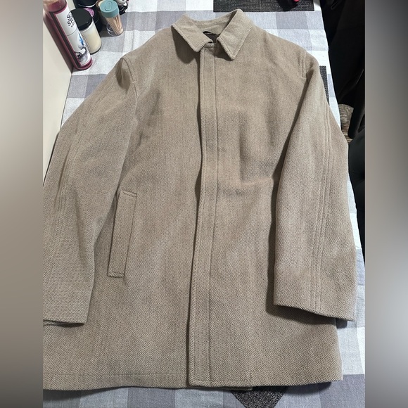 Sanyo Mens Over Coat Angora Wool Cashmere Silk Blend Tan Beige Herringbone XL